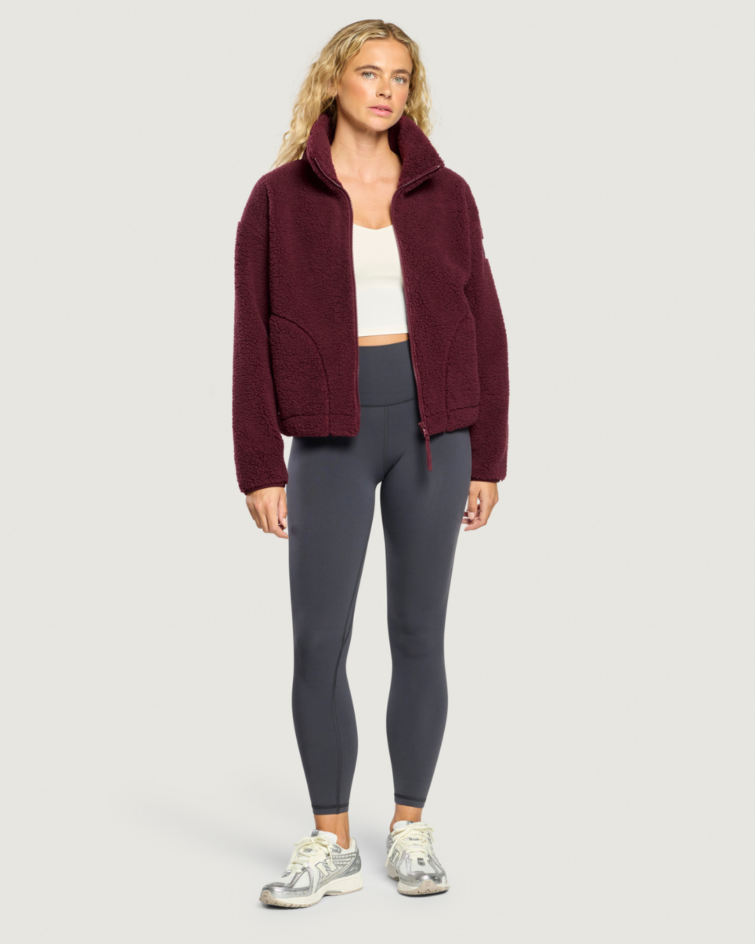 Gym+Coffee Industry Fleece High Collar Jacket Cherry Crush model wearing burgundy fleece jacket Shop Gym+Coffee at Dotique