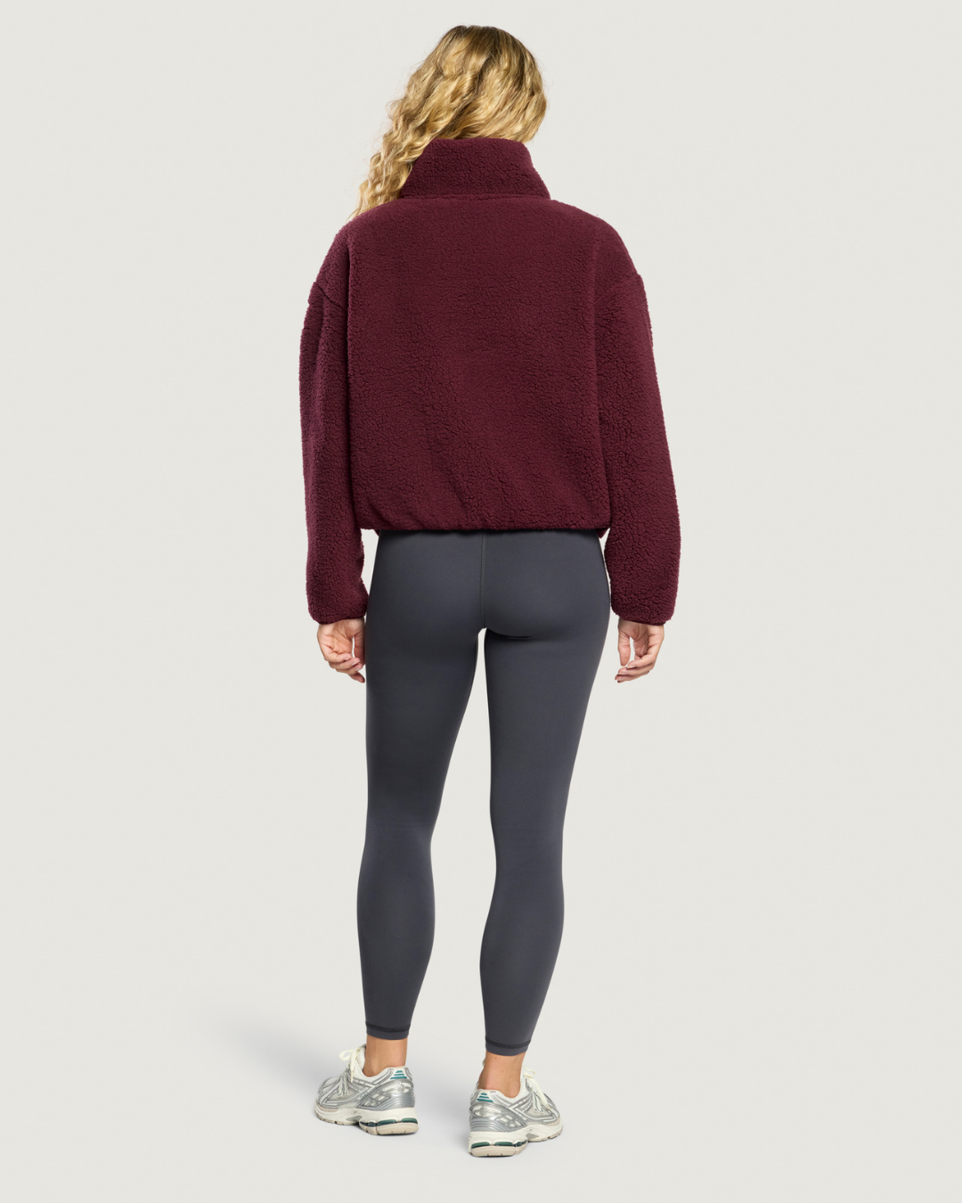 Gym+Coffee Industry Fleece High Collar Jacket Cherry Crush back view. Shop Gym+Coffee at Dotique.