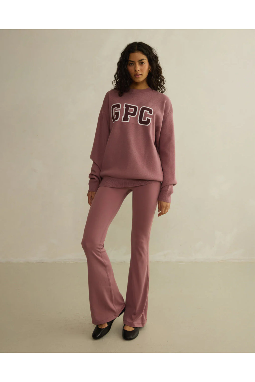 Gym+Coffee Knit Crew in Terra Rose styled on model, breathable fabric with GPC logo, shop Gym+Coffee at Dotique