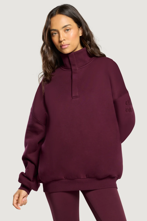Gym+Coffee Knit Snap Collar Sierra Sweatshirt Cherry Crush by Gym+Coffee. You can shop Gym+Coffee at Dotique.