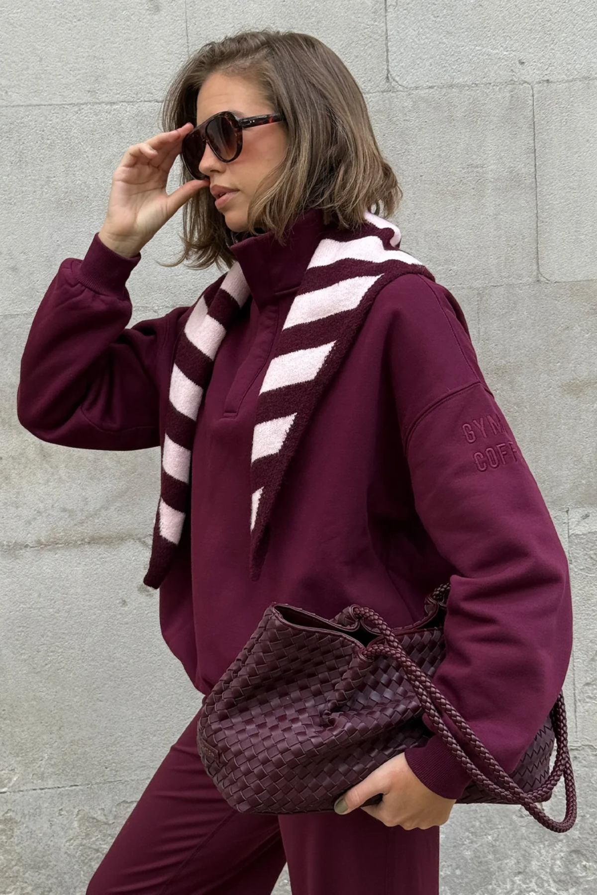 Gym+Coffee Knit Snap Collar Sierra Sweatshirt Cherry Crush on model Shop Gym+Coffee at Dotique