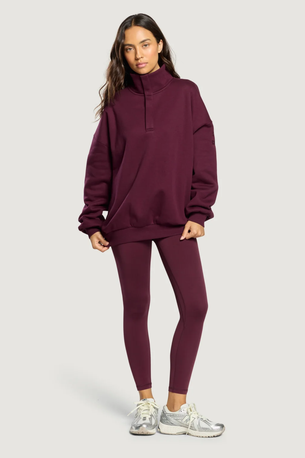 Gym+Coffee Knit Snap Collar Sierra Sweatshirt Cherry Crush worn by model Shop Gym+Coffee at Dotique