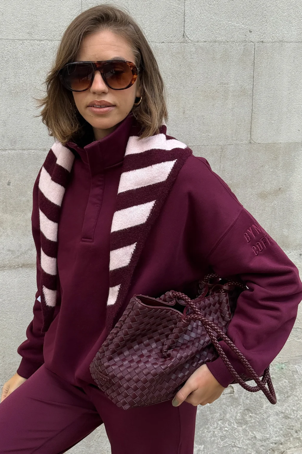 Gym+Coffee Knit Snap Collar Sierra Sweatshirt Cherry Crush by Gym+Coffee modeled. Shop Gym+Coffee at Dotique.