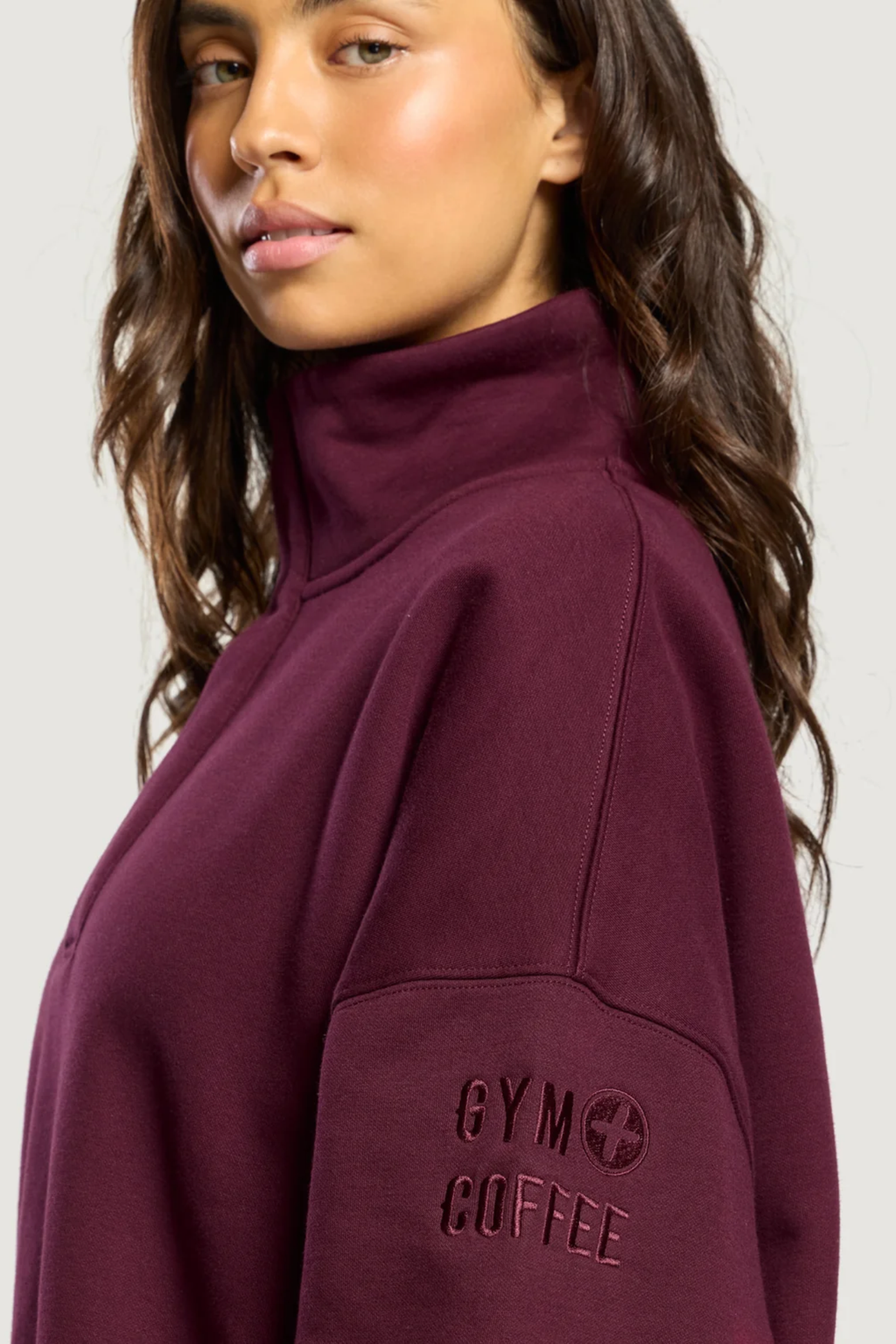 Gym+Coffee Knit Snap Collar Sierra Sweatshirt Cherry Crush. Shop Gym+Coffee at Dotique.