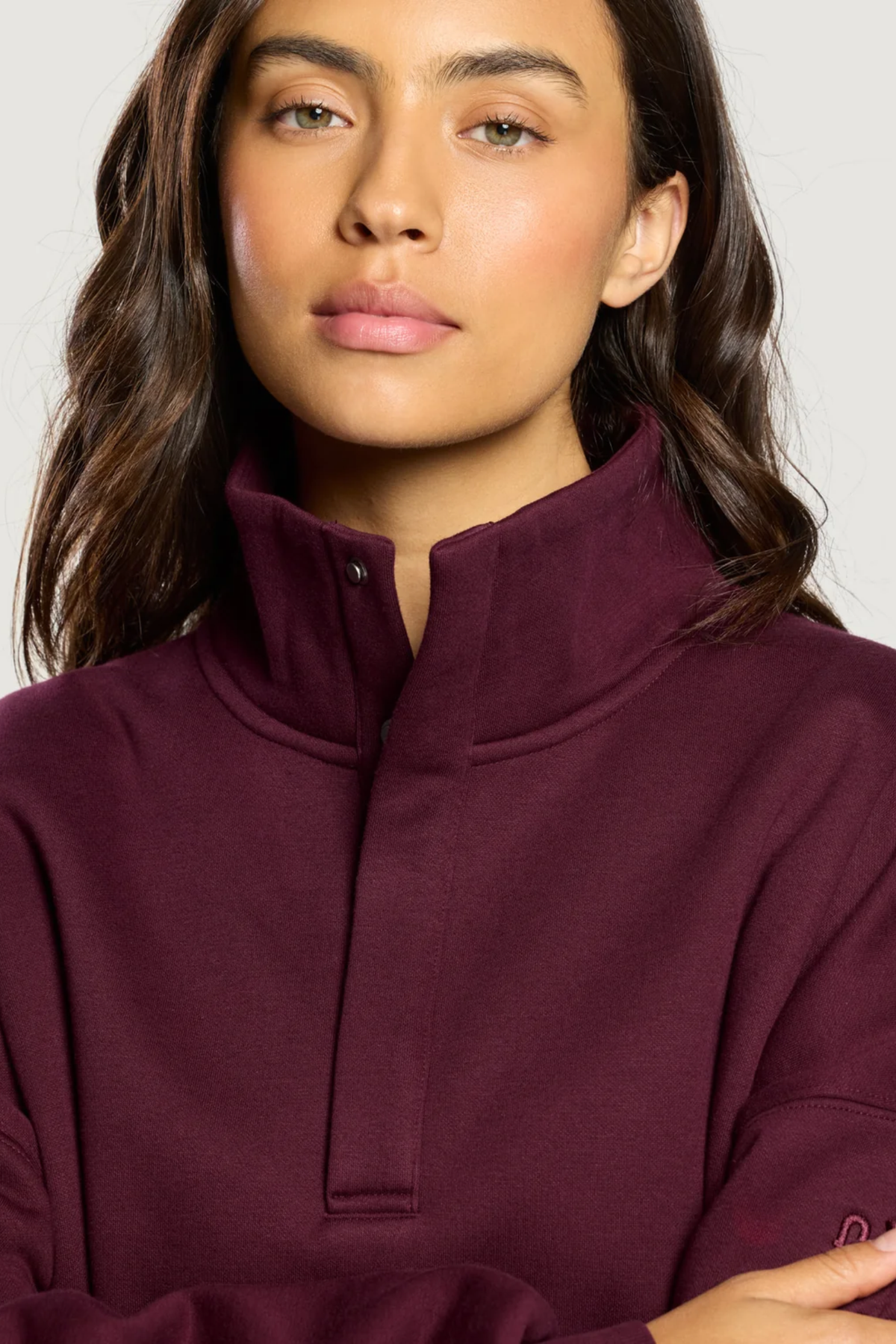 Gym+Coffee Knit Snap Collar Sierra Sweatshirt Cherry Crush on model. Shop Gym+Coffee at Dotique.