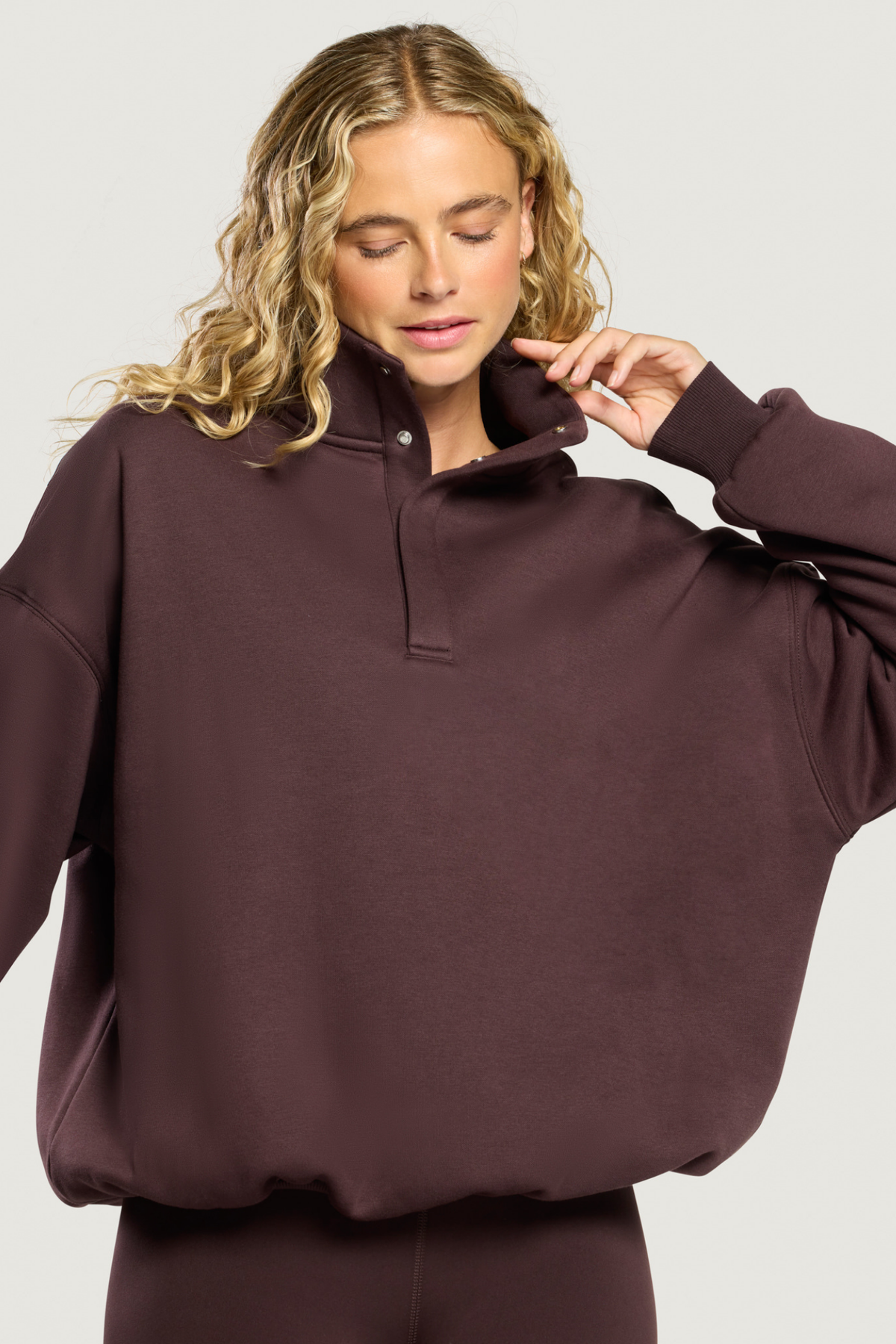 Gym+Coffee Knit Snap Collar Sierra Sweatshirt Mocha Bean
