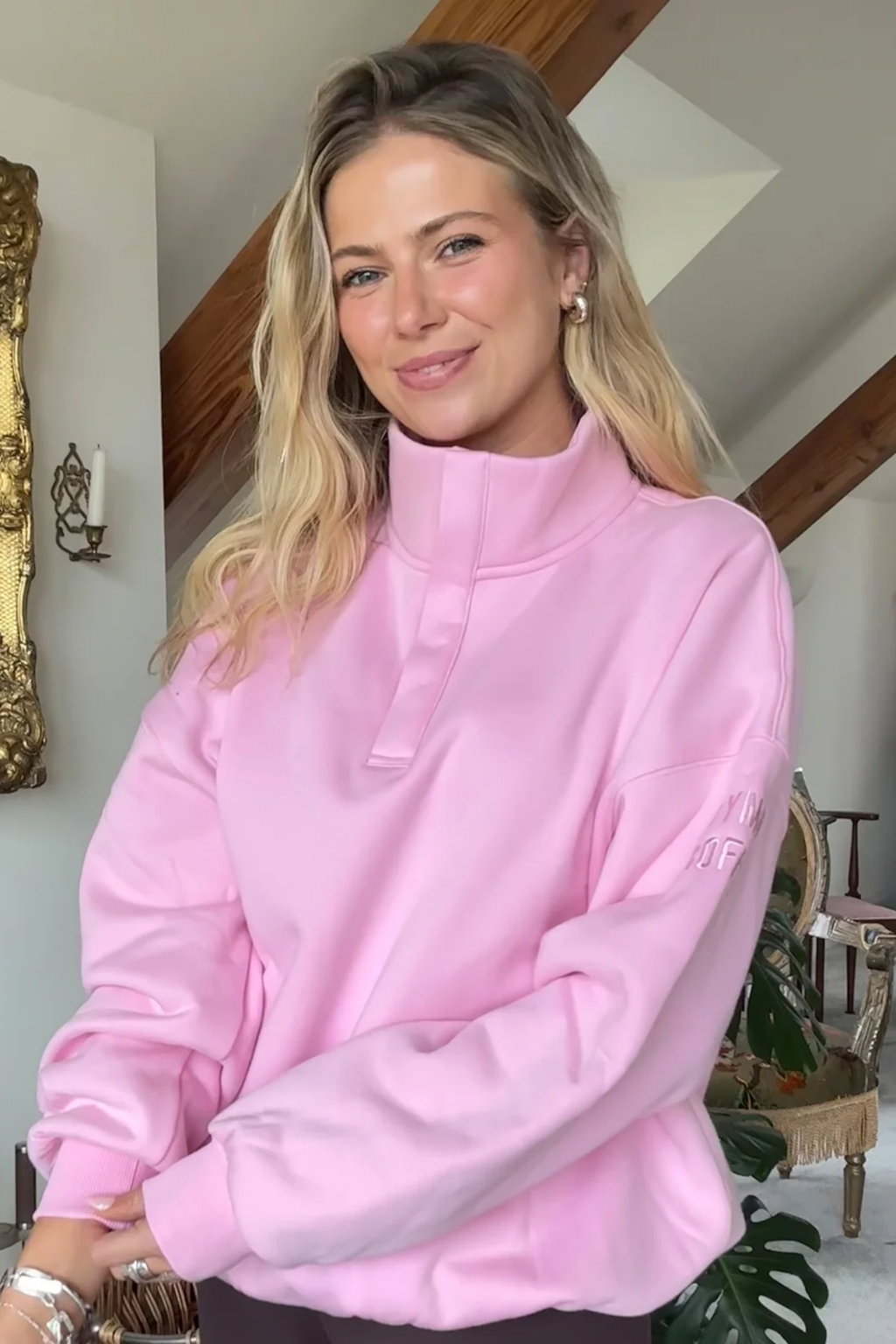 Gym+Coffee Knit Snap Collar Sierra Sweatshirt Pink Blossom pink sweatshirt on model Shop Gym+Coffee at Dotique