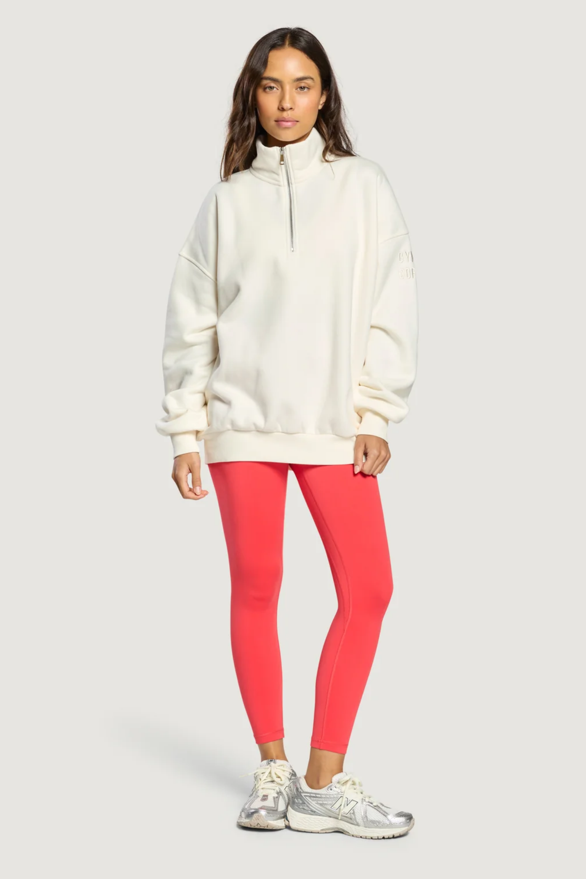 Gym+Coffee Sierra Half Zip Sweatshirt Ecru by Gym+Coffee cream half zip sweatshirt on model Shop Gym+Coffee at Dotique