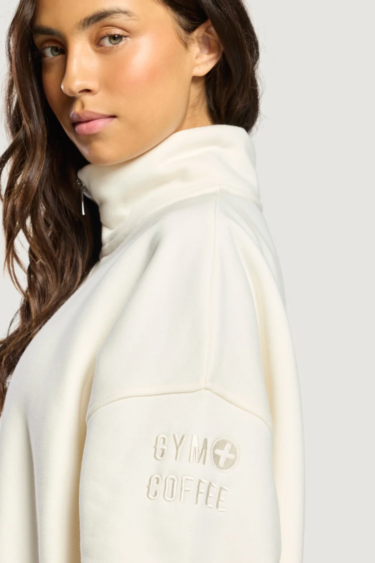 Gym+Coffee Sierra Half Zip Sweatshirt Ecru by Gym+Coffee. Cream half zip. Shop Gym+Coffee at Dotique