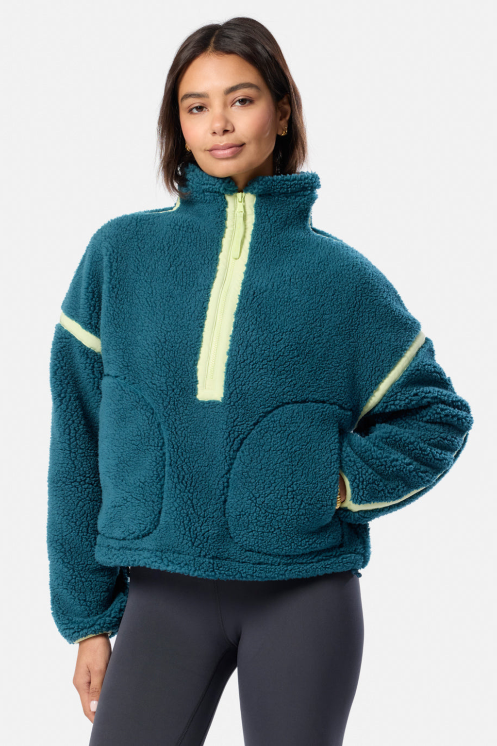 Deep Teal Industry Fleece Half-Zip from Gym+Coffee. Soft, cosy and easy to wear with a relaxed fit and zip detail — perfect for everyday layering. Shop at Dotique.