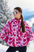Soft Pink Pop Print polar fleece from Gym+Coffee with snap-front and relaxed fit. Lightweight and cosy with zip pockets — a statement layer for everyday wear.