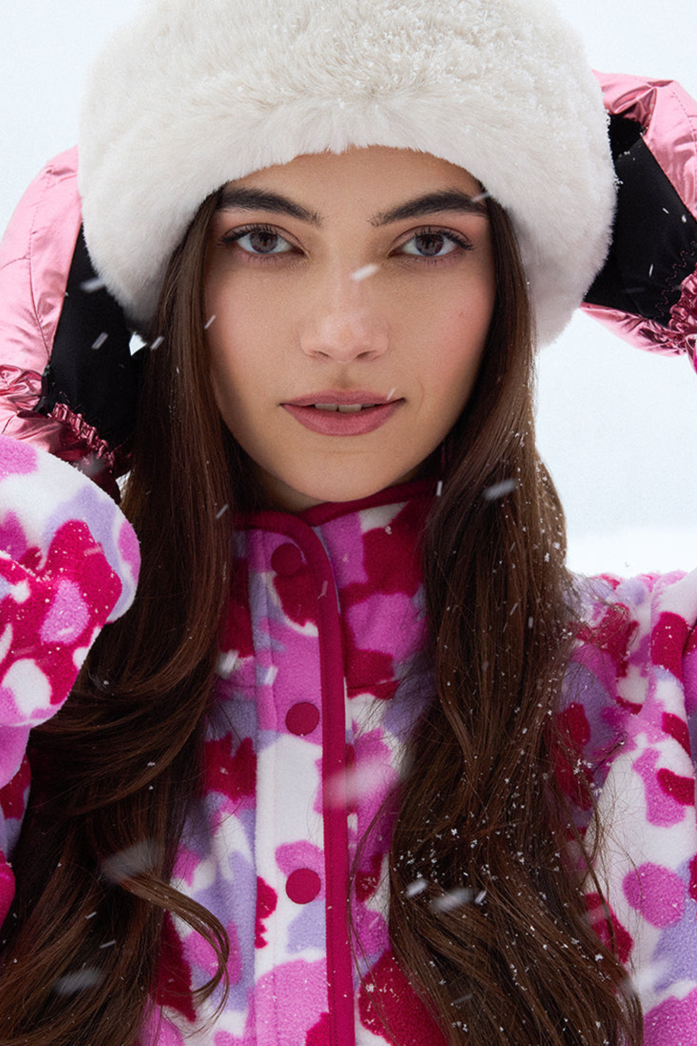 Soft Pink Pop Print polar fleece from Gym+Coffee with snap-front and relaxed fit. Lightweight and cosy with zip pockets — a statement layer for everyday wear.