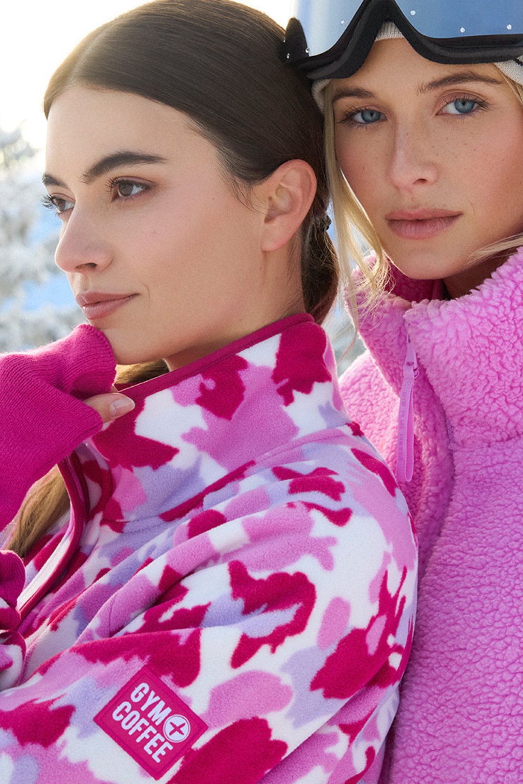 Soft Pink Pop Print polar fleece from Gym+Coffee with snap-front and relaxed fit. Lightweight and cosy with zip pockets — a statement layer for everyday wear.