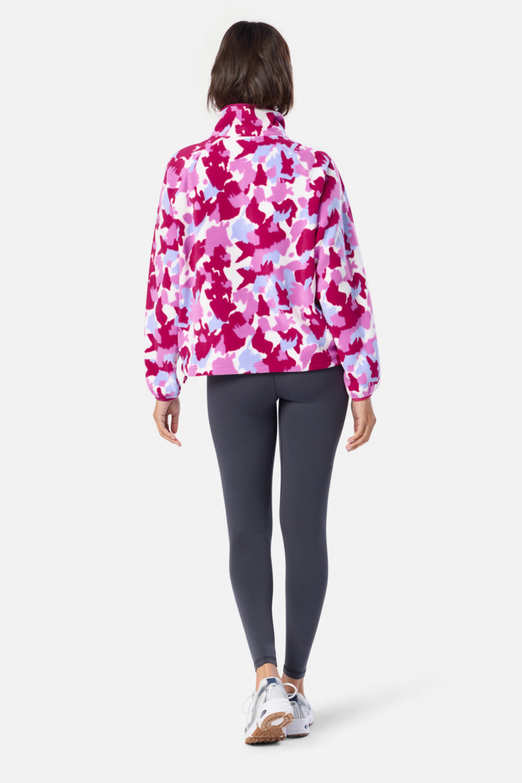 Soft Pink Pop Print polar fleece from Gym+Coffee with snap-front and relaxed fit. Lightweight and cosy with zip pockets — a statement layer for everyday wear.