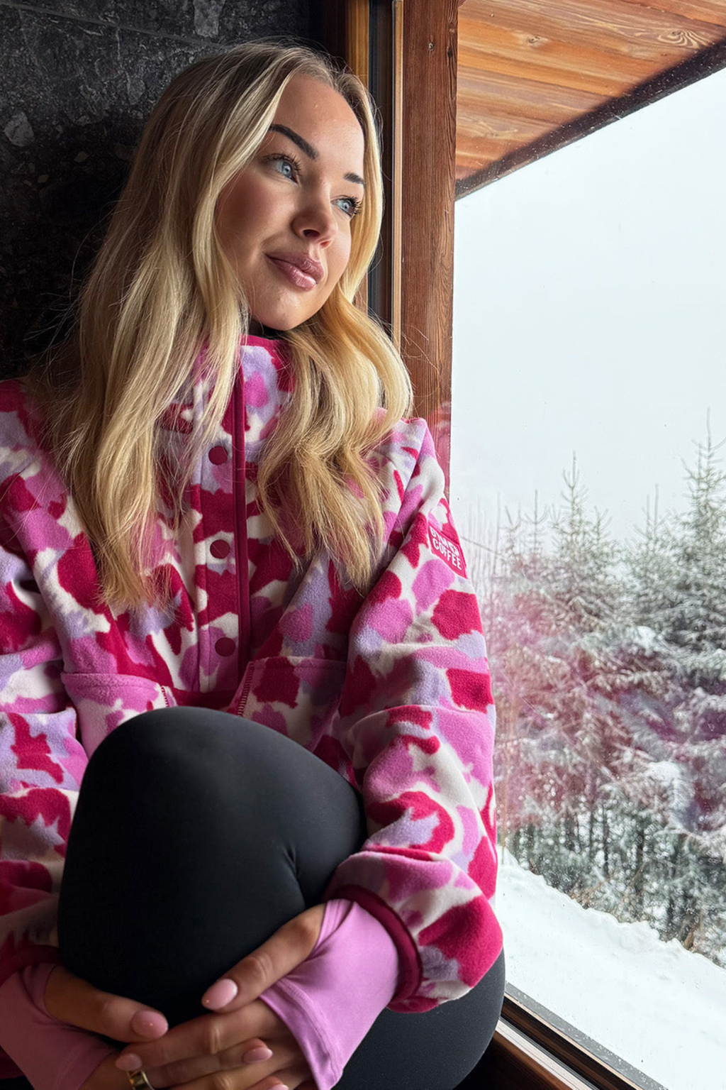 Soft Pink Pop Print polar fleece from Gym+Coffee with snap-front and relaxed fit. Lightweight and cosy with zip pockets — a statement layer for everyday wear.