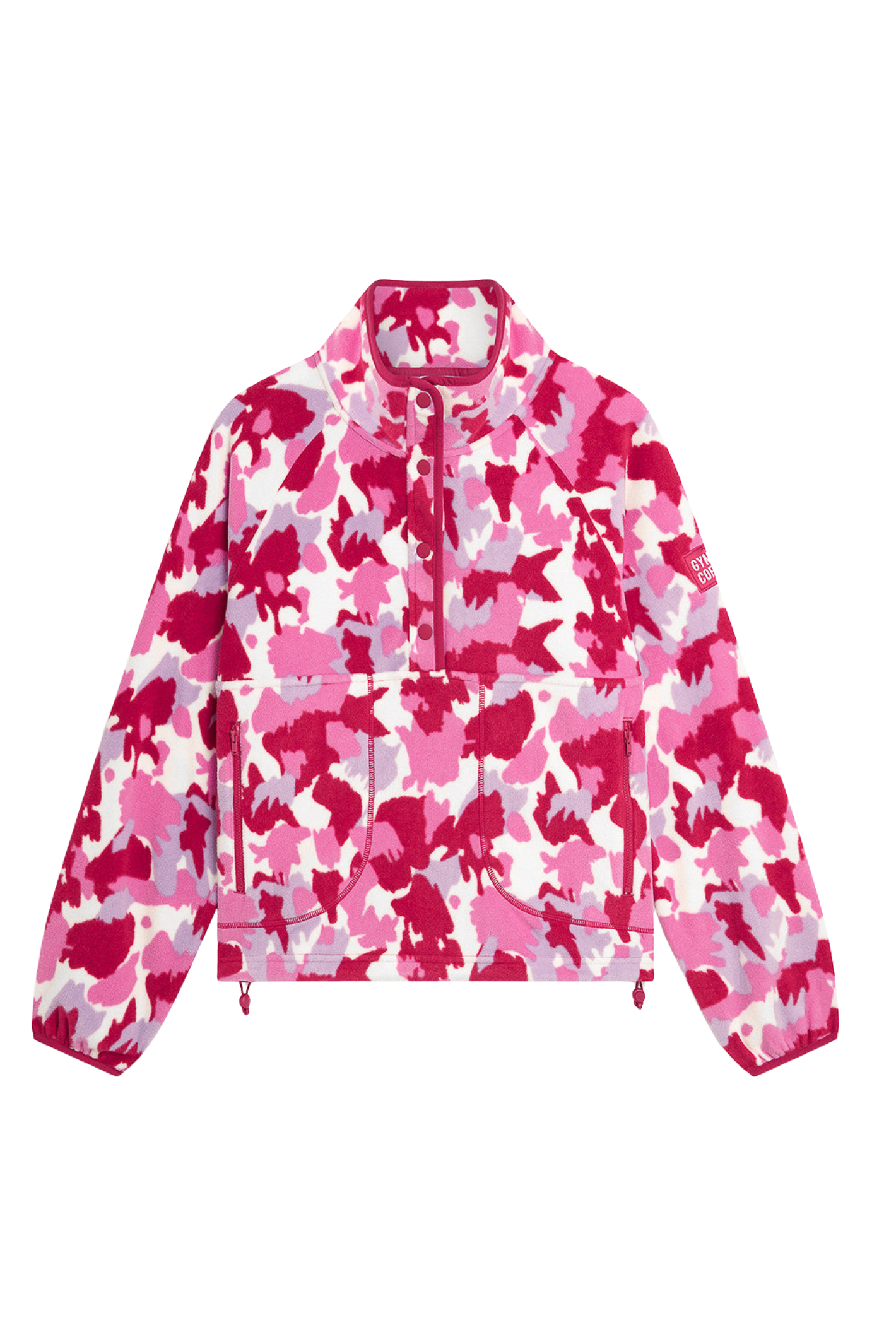 Soft Pink Pop Print polar fleece from Gym+Coffee with snap-front and relaxed fit. Lightweight and cosy with zip pockets — a statement layer for everyday wear.