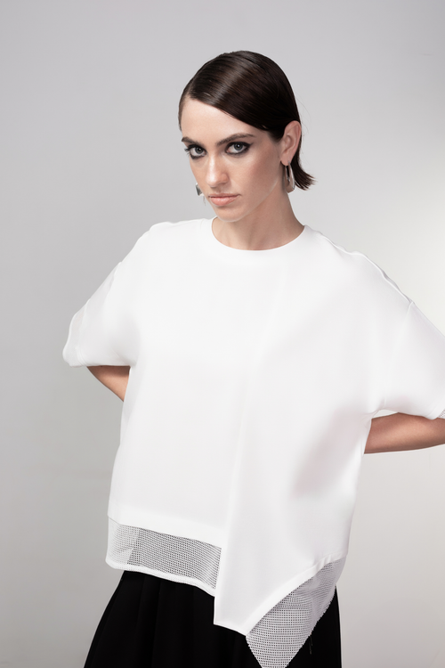 Haako black short sleeve top with mesh trim detail and minimalist silhouette, styled as a modern wardrobe staple