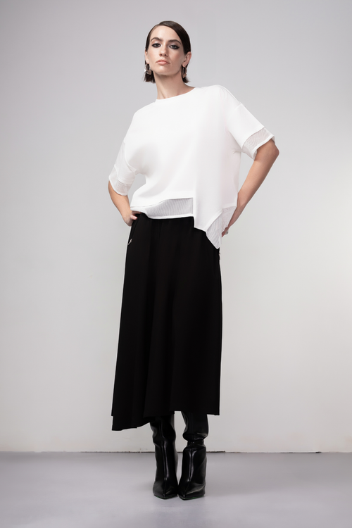 Haako black short sleeve top with mesh trim detail and minimalist silhouette, styled as a modern wardrobe staple