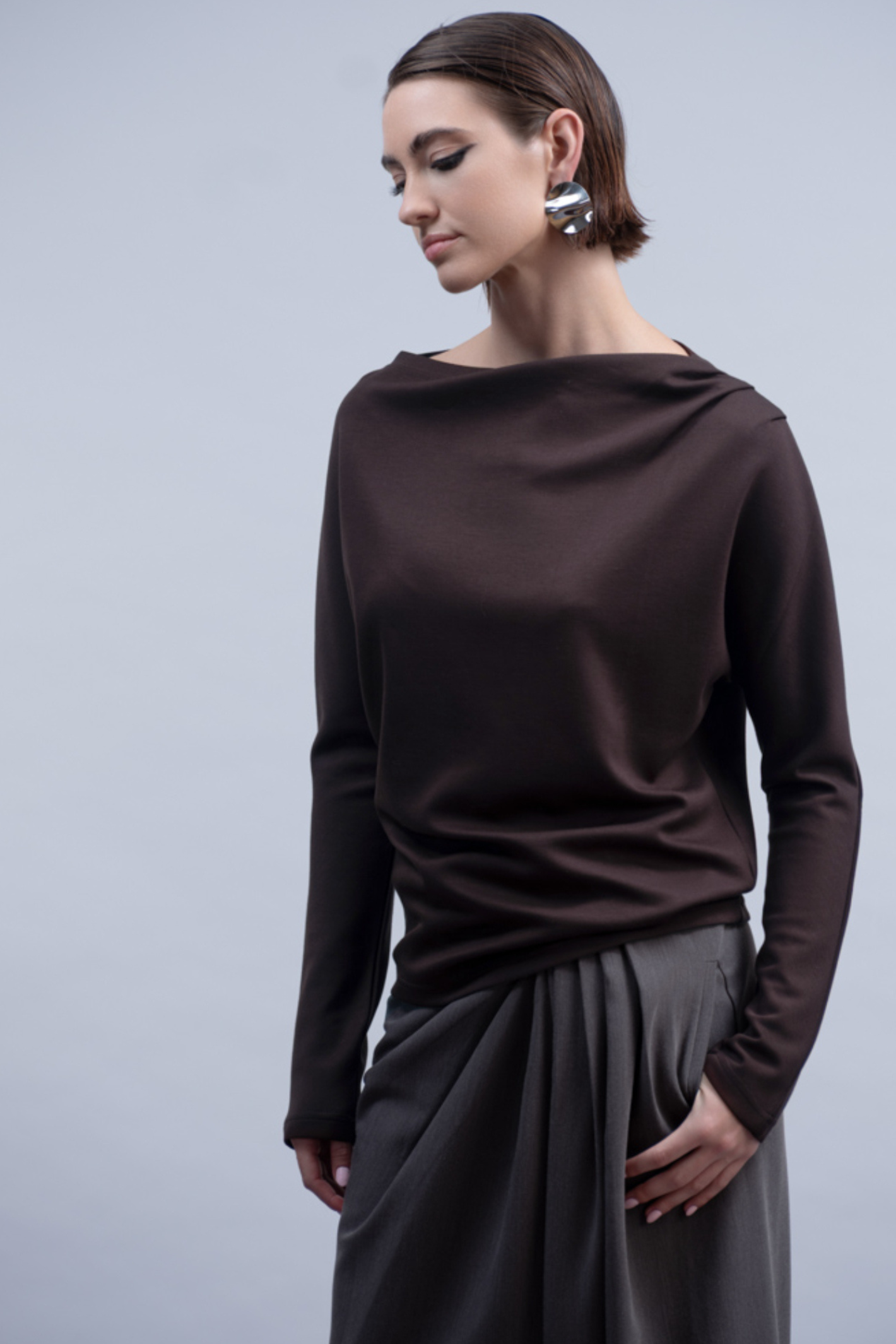 Haako H2029 chocolate brown draped neck knit top – Dotique