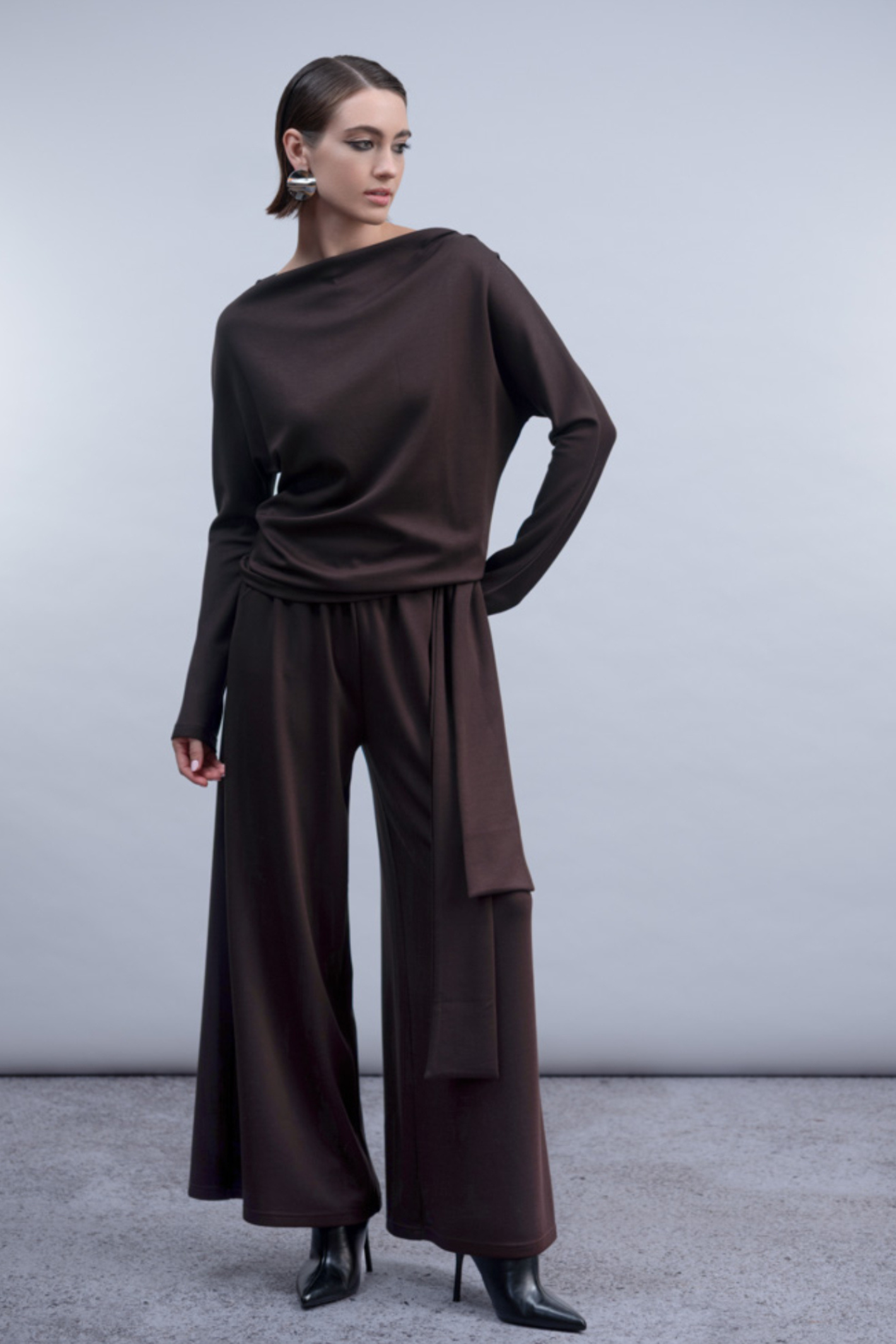 Haako H2029 chocolate brown draped neck knit top – Dotique