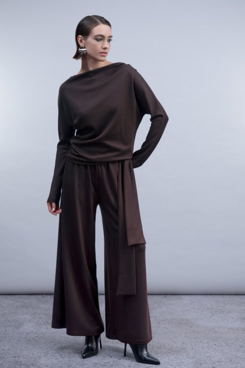 Haako H2029 chocolate brown draped neck knit top – Dotique