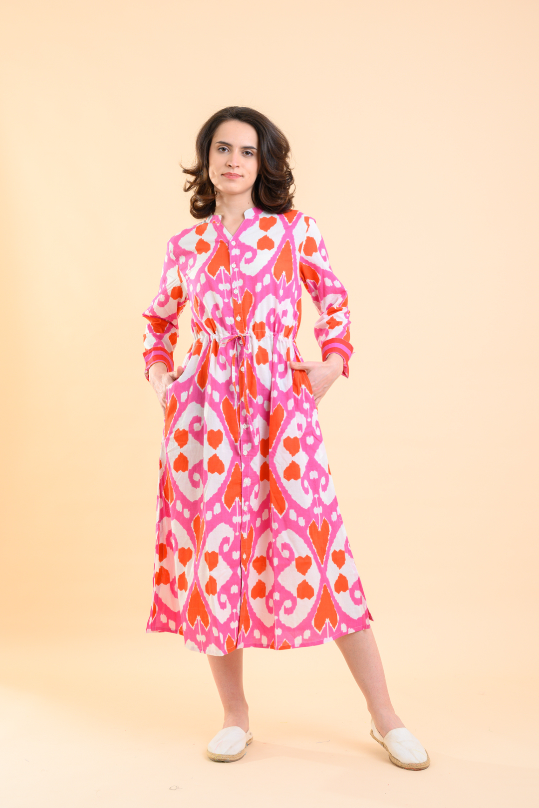 Handprint Dream Apparel AN1020A Clara Ford Ikat Pink/Orange Cotton Dress