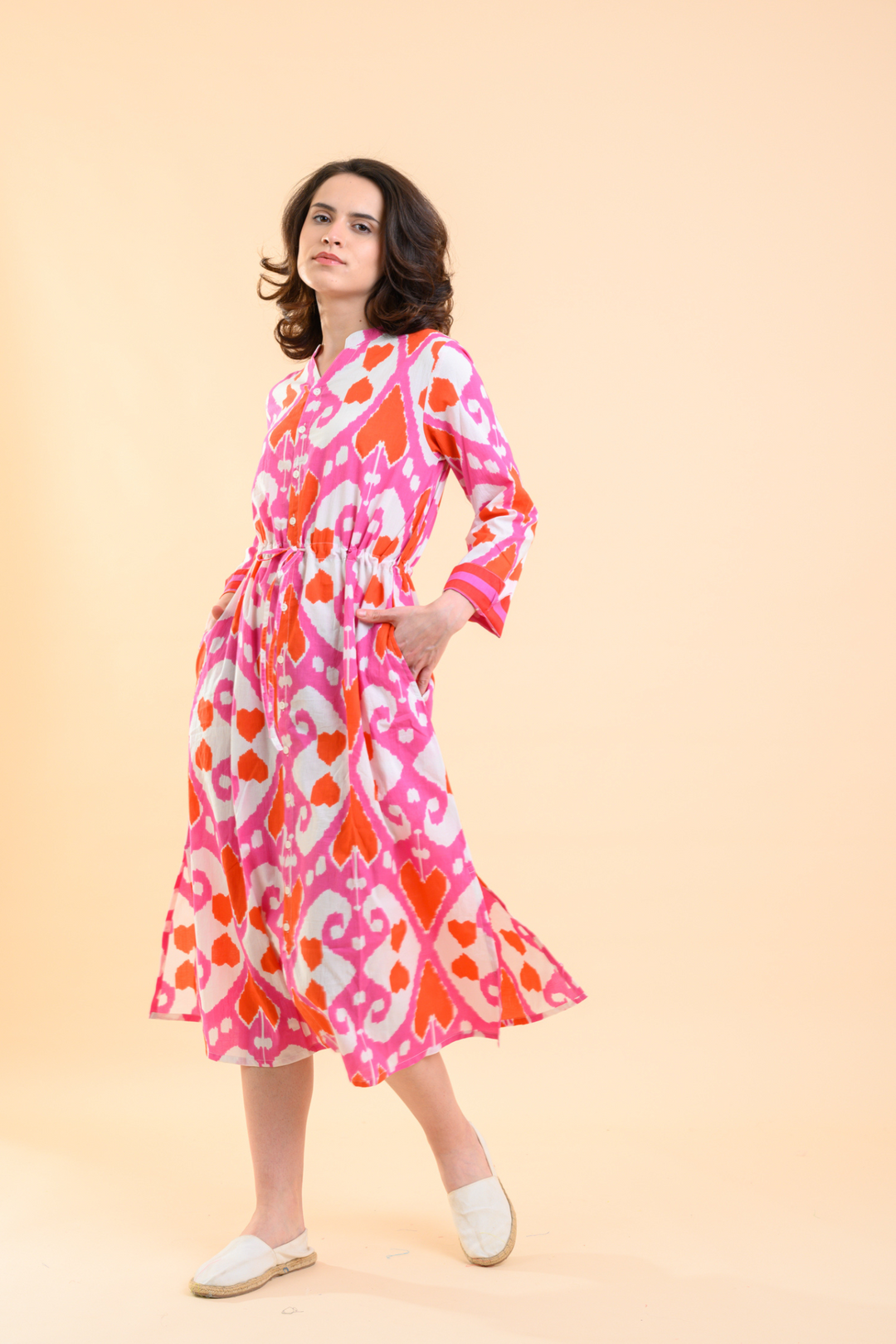 Handprint Dream Apparel AN1020A Clara Ford Ikat Pink/Orange Cotton Dress