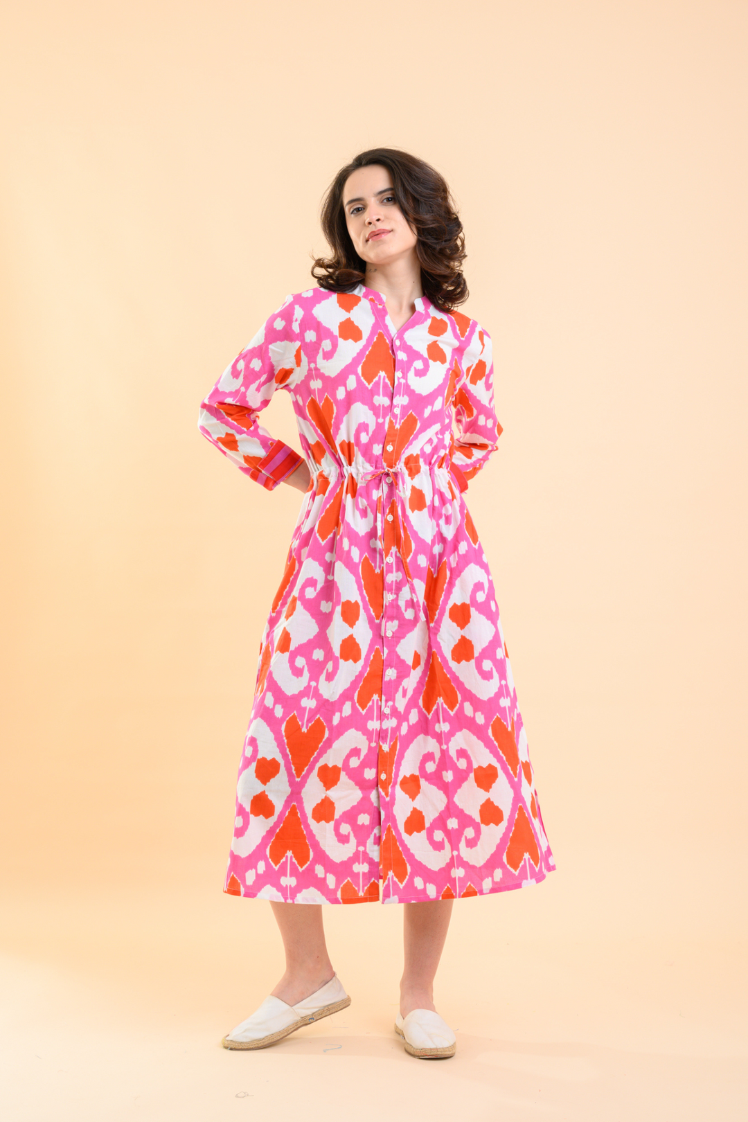 Handprint Dream Apparel AN1020A Clara Ford Ikat Pink/Orange Cotton Dress