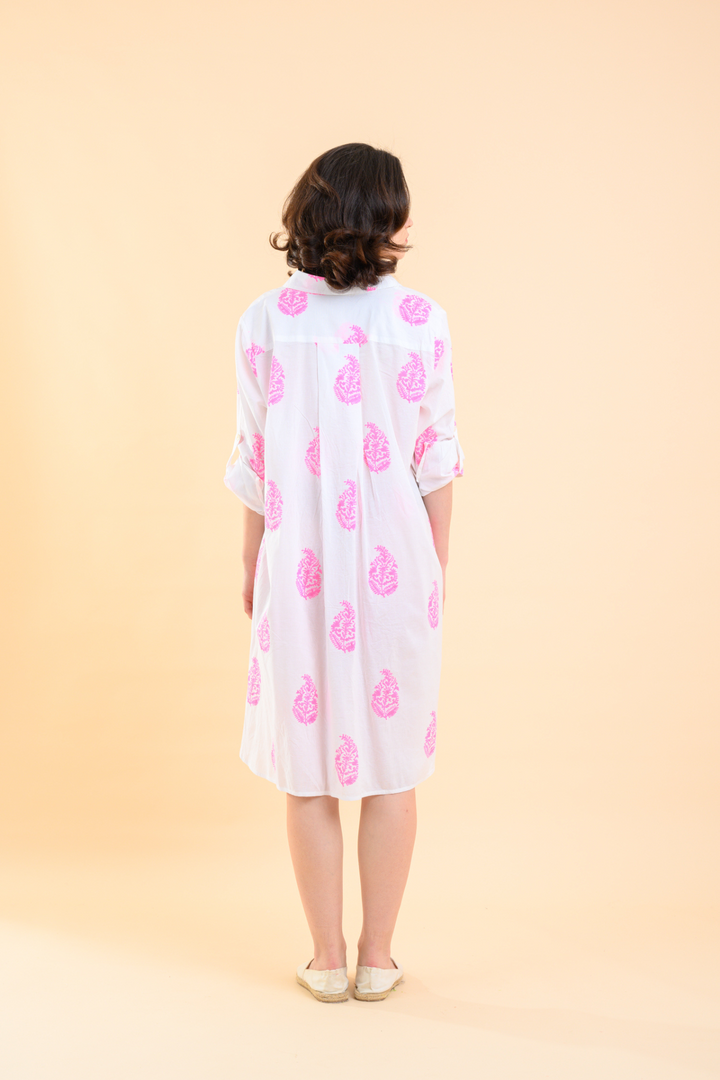 Handprint Dream Apparel AN1023A Marco Cherokee White Cotton Summer Dress with Pink Print