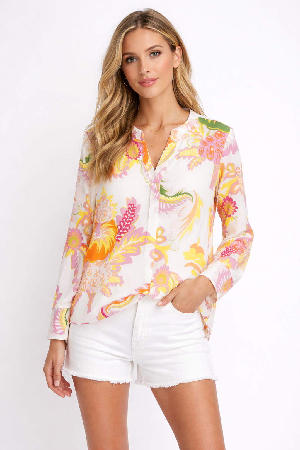 Model wearing Herzen's Angelegenheit 6059 Silk Blouse Pink Buttercup by Herzen's Angelegenheit, available to shop at Dotique.