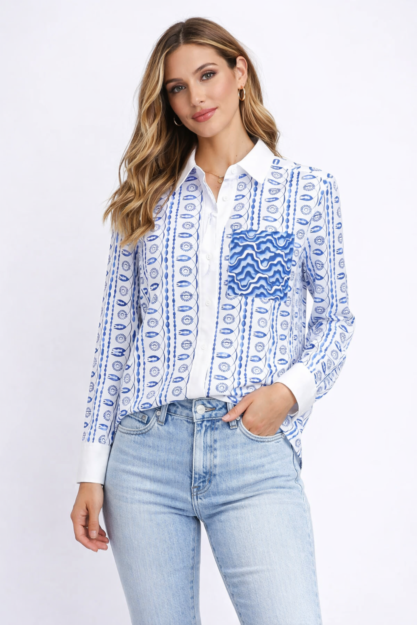 Model wearing Herzen's Angelegenheit 6210 Silk Blouse Azure by Herzen's Angelegenheit, shop the vendor at Dotique.