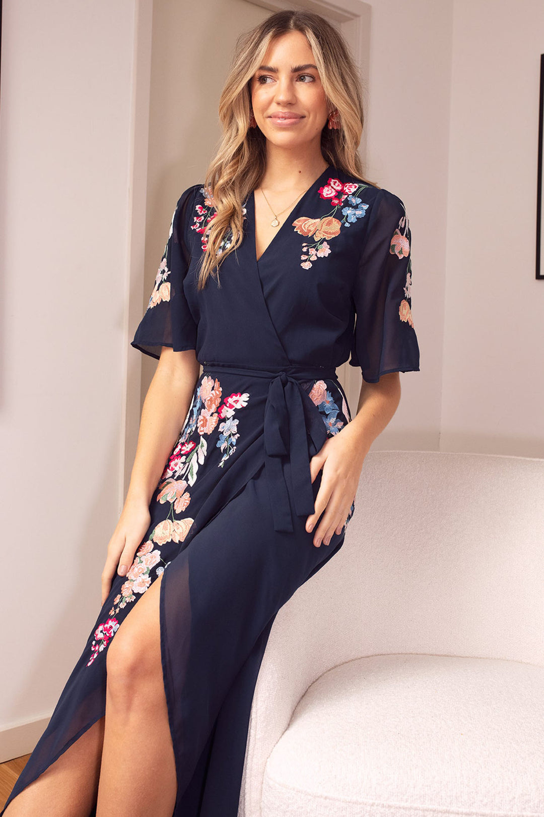Hope & Ivy The Gisela Embroidered Flutter Sleeve Maxi Wrap Dress with Tie Waist - Dotique