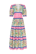 Hope and Ivy 7717M Meredith V - Neck Full - Skirt Tea Dress with Puff Sleeves in Pink Picnic - Dotique