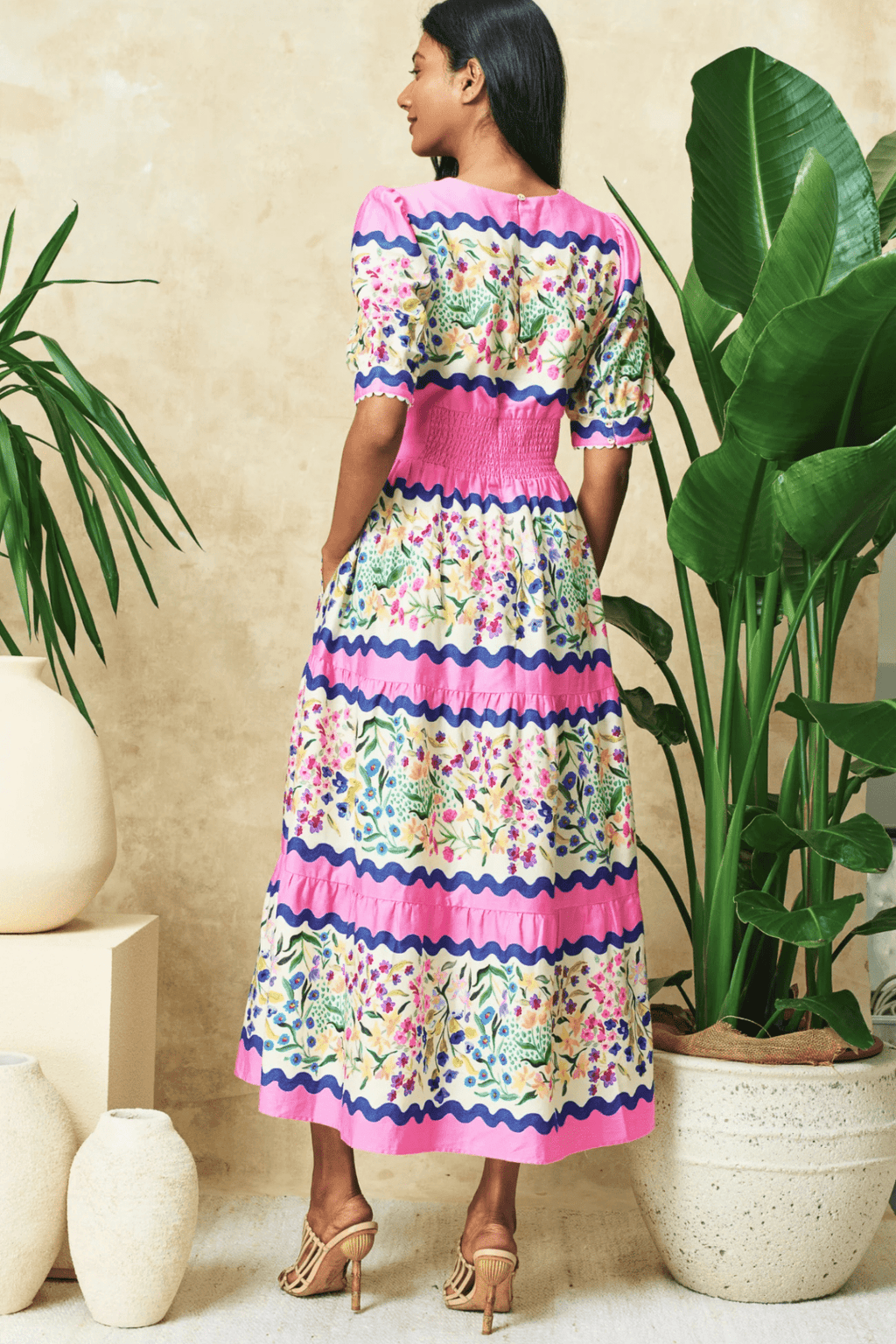 Hope and Ivy 7717M Meredith V - Neck Full - Skirt Tea Dress with Puff Sleeves in Pink Picnic - Dotique