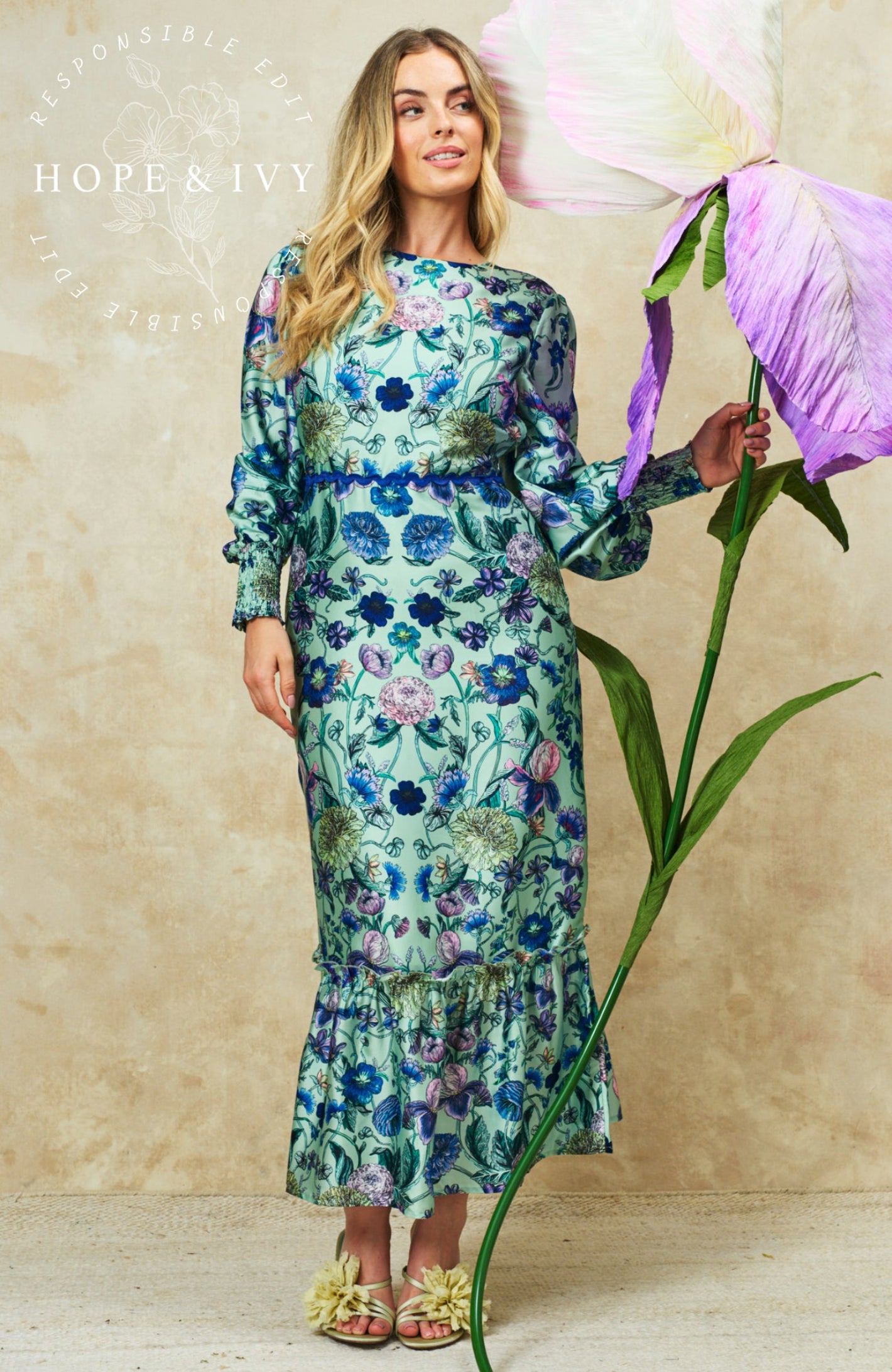 Hope & Ivy The Forest High Neck Bow Back Maxi Dress floral pattern worn by model shop Hope & Ivy at Dotique