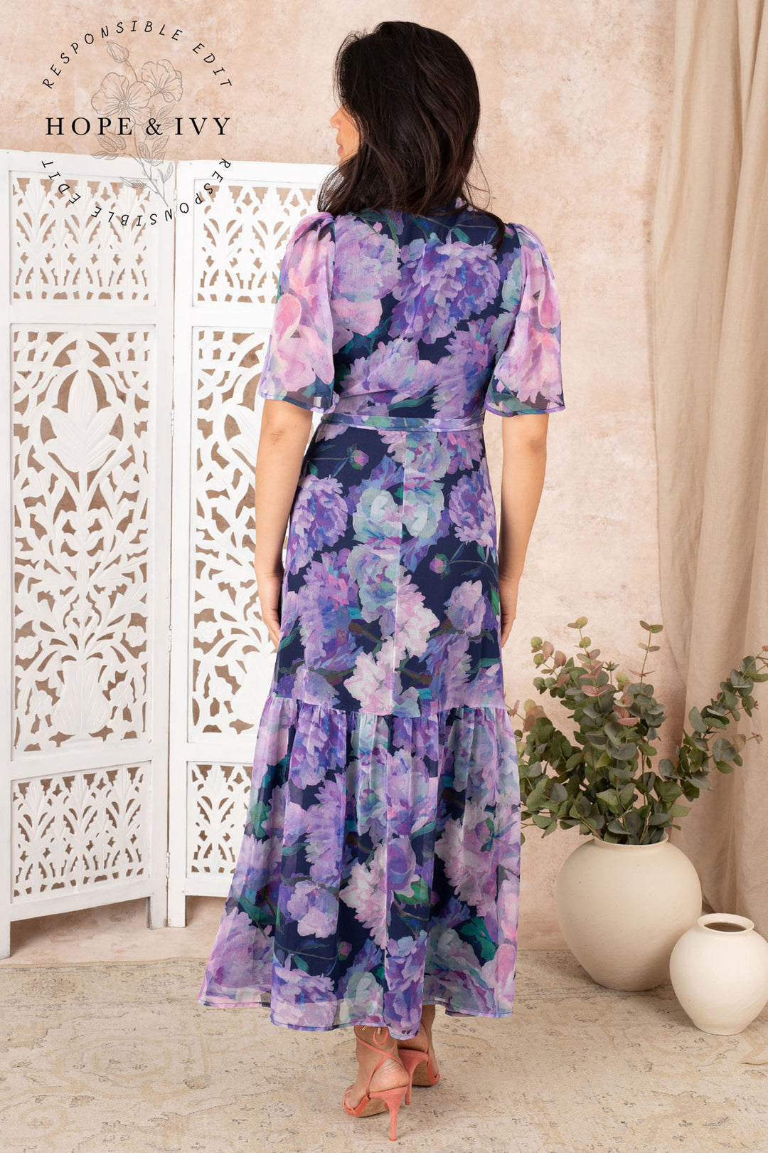 Hope and Ivy The Adele Flutter Sleeve Maxi Wrap Dress with Tie Waist - Dotique