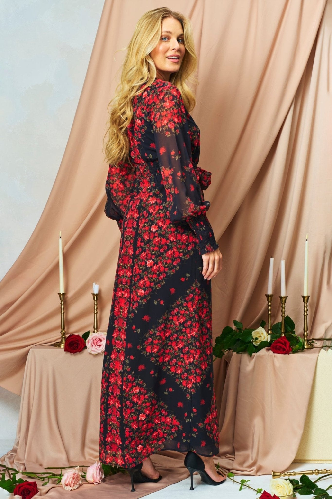 Hope & Ivy Adelita Black Red Flower Print Blouson Sleeve Maxi Dress - Dotique - Hope and Ivy