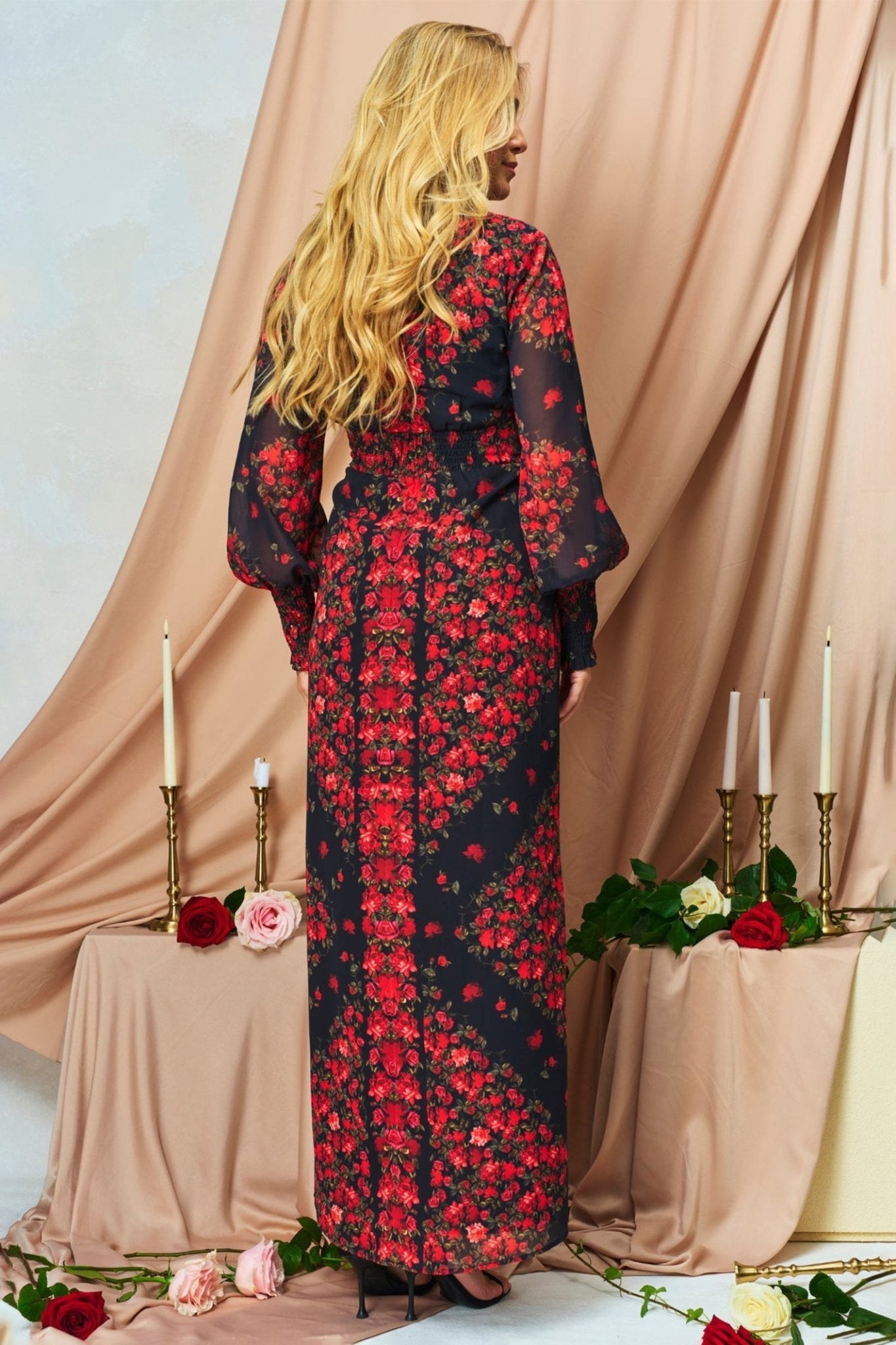 Hope & Ivy Adelita Black Red Flower Print Blouson Sleeve Maxi Dress - Dotique - Hope and Ivy