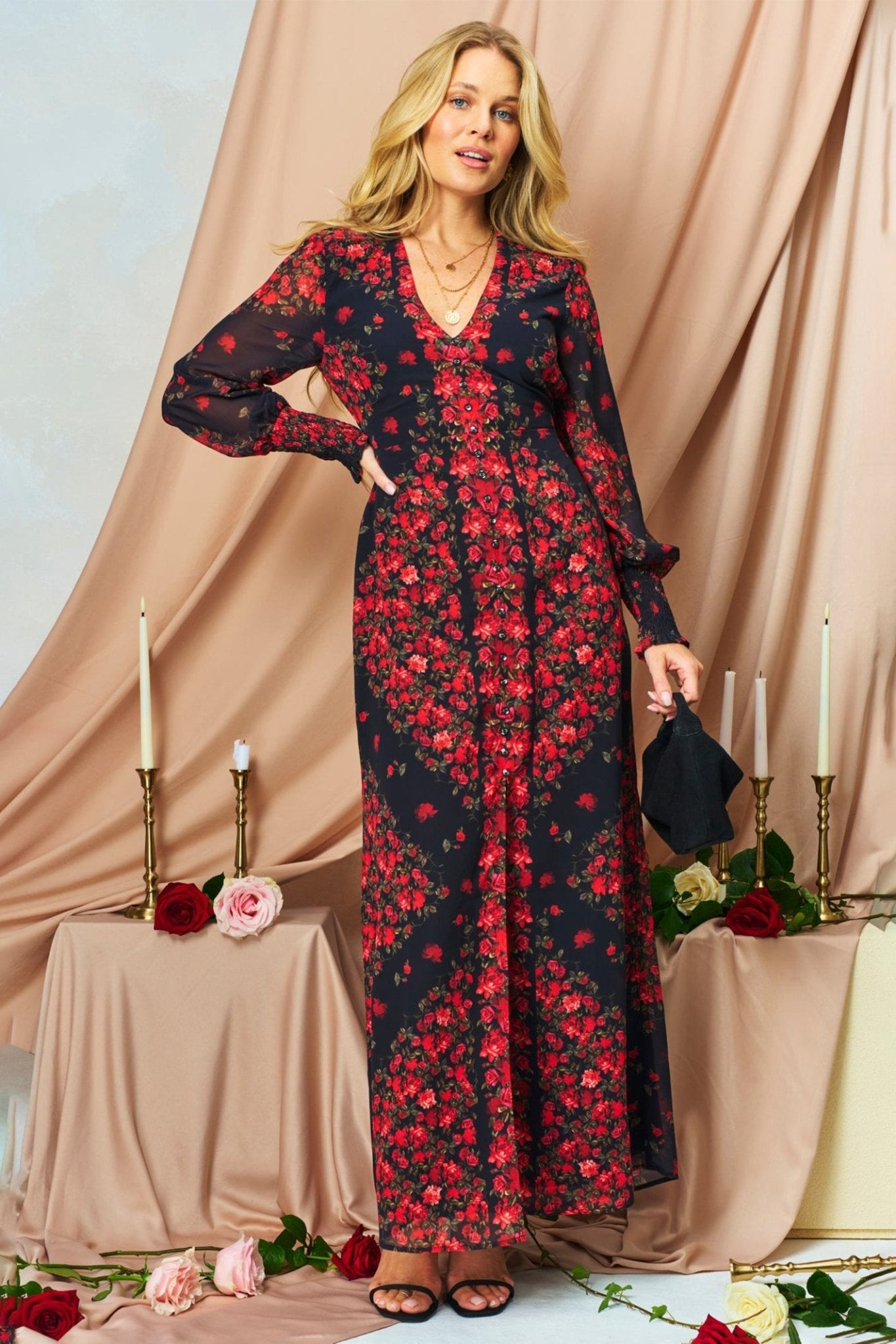 Hope & Ivy Adelita Black Red Flower Print Blouson Sleeve Maxi Dress - Dotique - Hope and Ivy