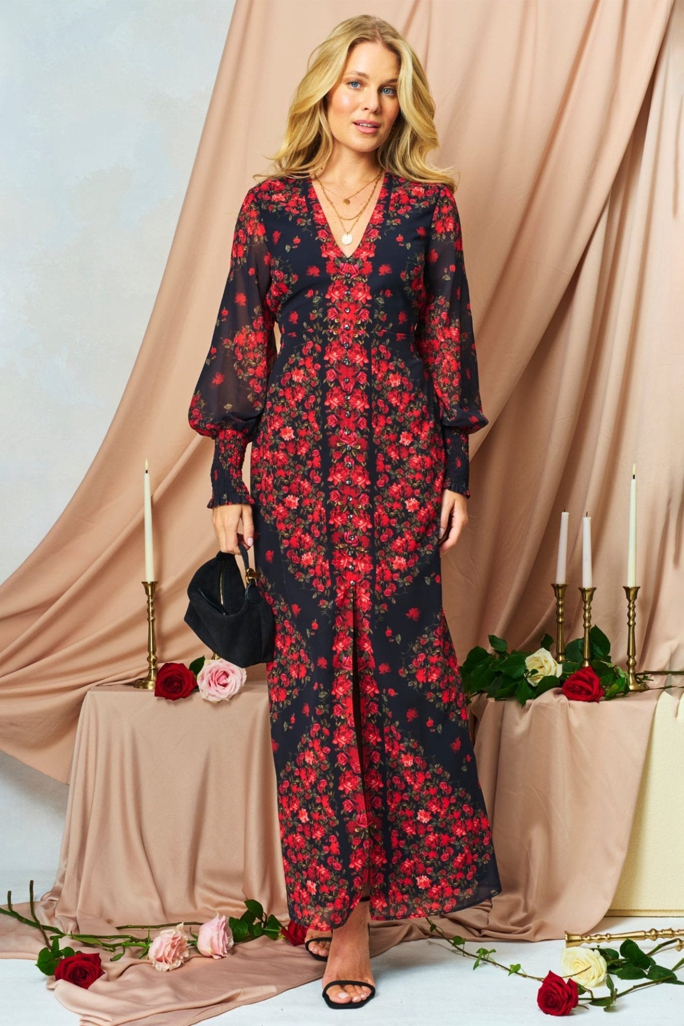 Hope & Ivy Adelita Black Red Flower Print Blouson Sleeve Maxi Dress - Dotique - Hope and Ivy