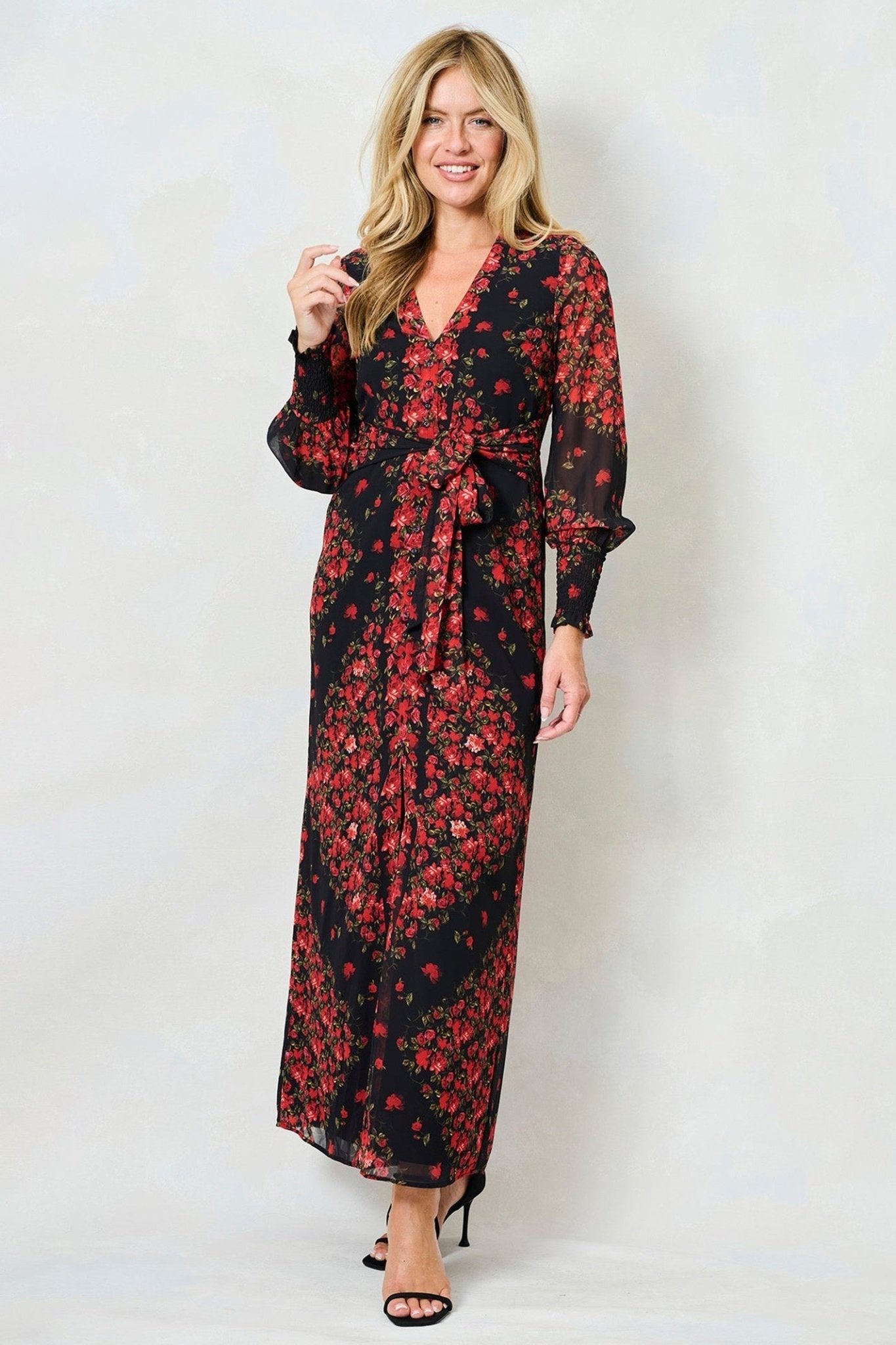 Hope & Ivy Adelita Black Red Flower Print Blouson Sleeve Maxi Dress - Dotique - Hope and Ivy