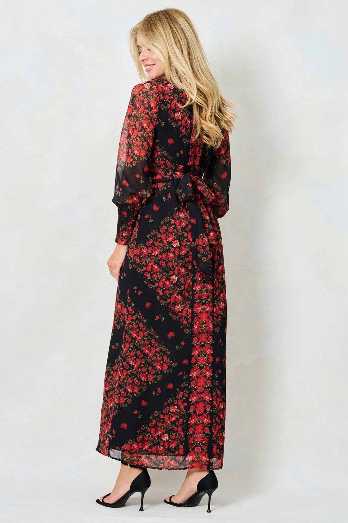Hope & Ivy Adelita Black Red Flower Print Blouson Sleeve Maxi Dress - Dotique - Hope and Ivy