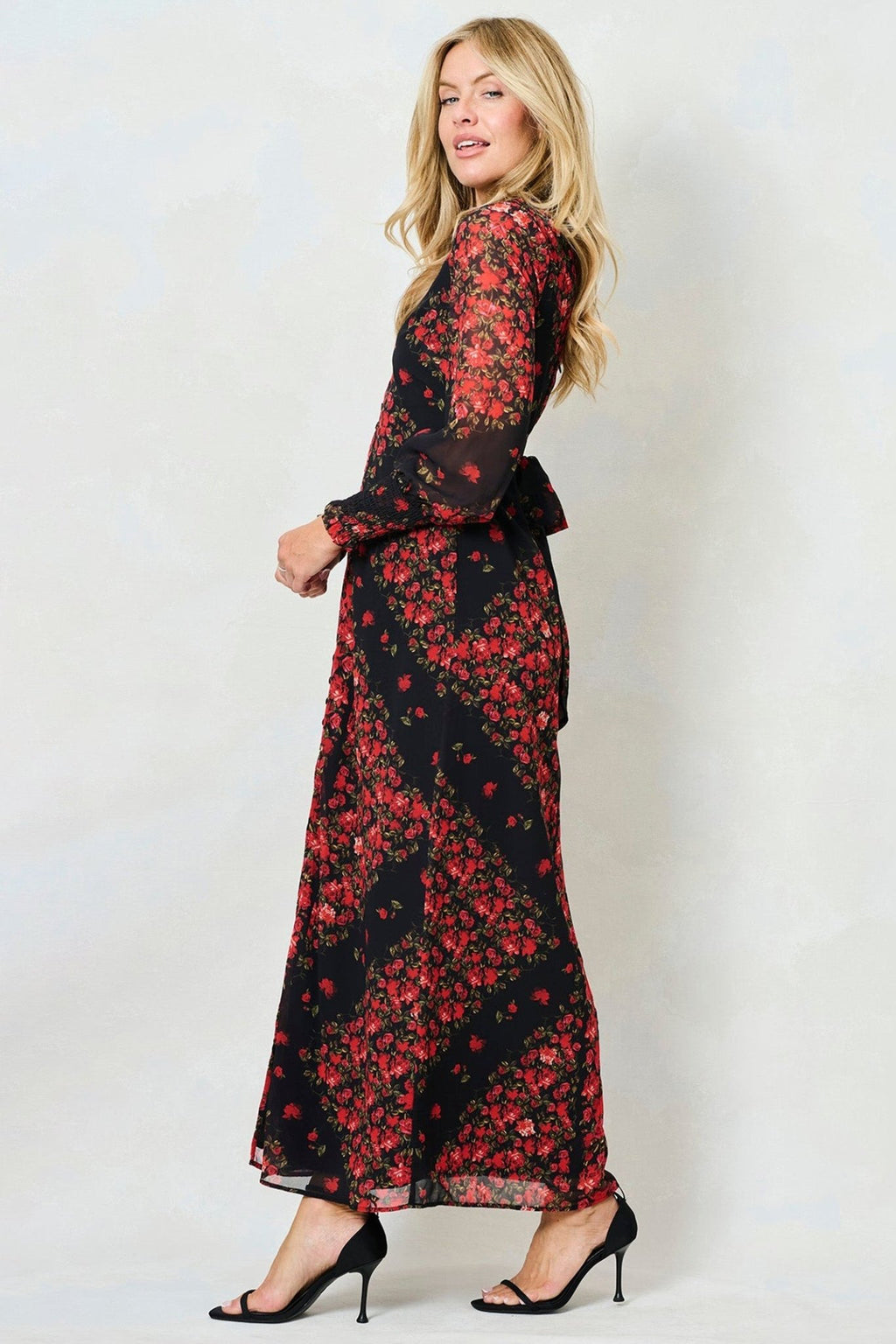Hope & Ivy Adelita Black Red Flower Print Blouson Sleeve Maxi Dress - Dotique - Hope and Ivy
