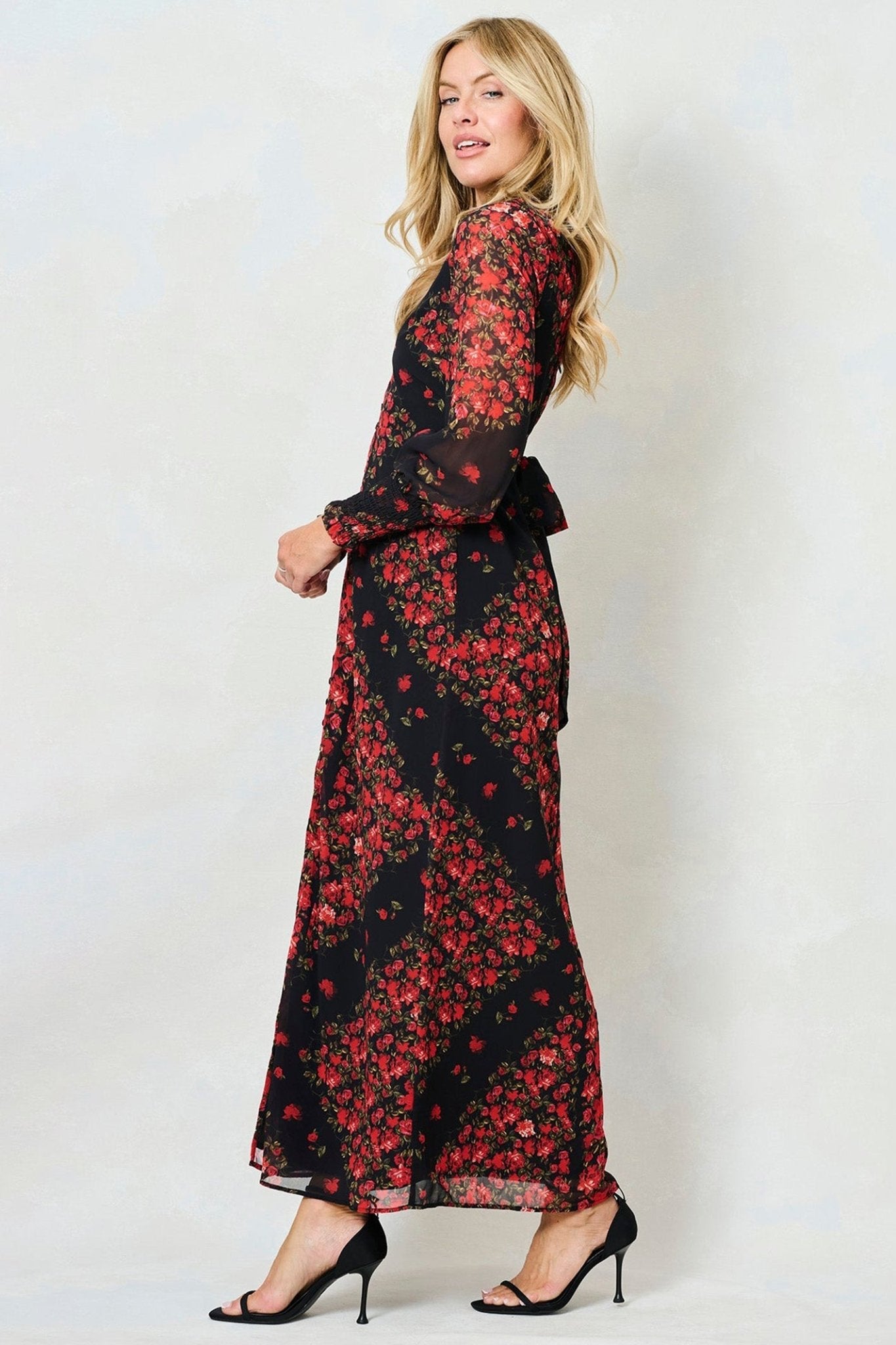 Hope & Ivy Adelita Black Red Flower Print Blouson Sleeve Maxi Dress - Dotique - Hope and Ivy