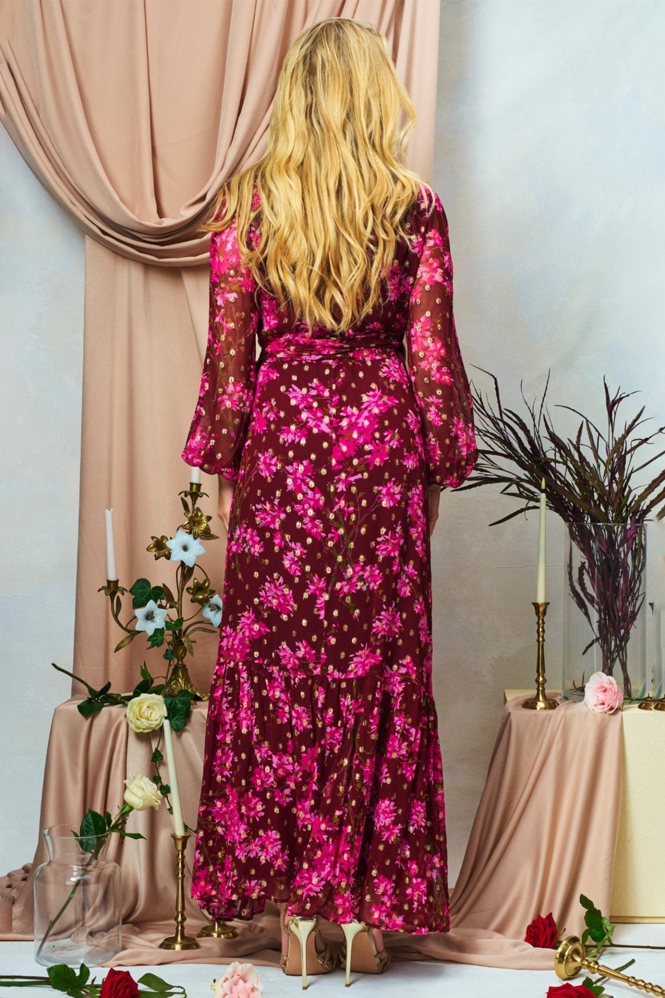 Hope & Ivy Blossom Pink Lurex Spot Maxi Wrap Dress - Dotique - Hope and Ivy