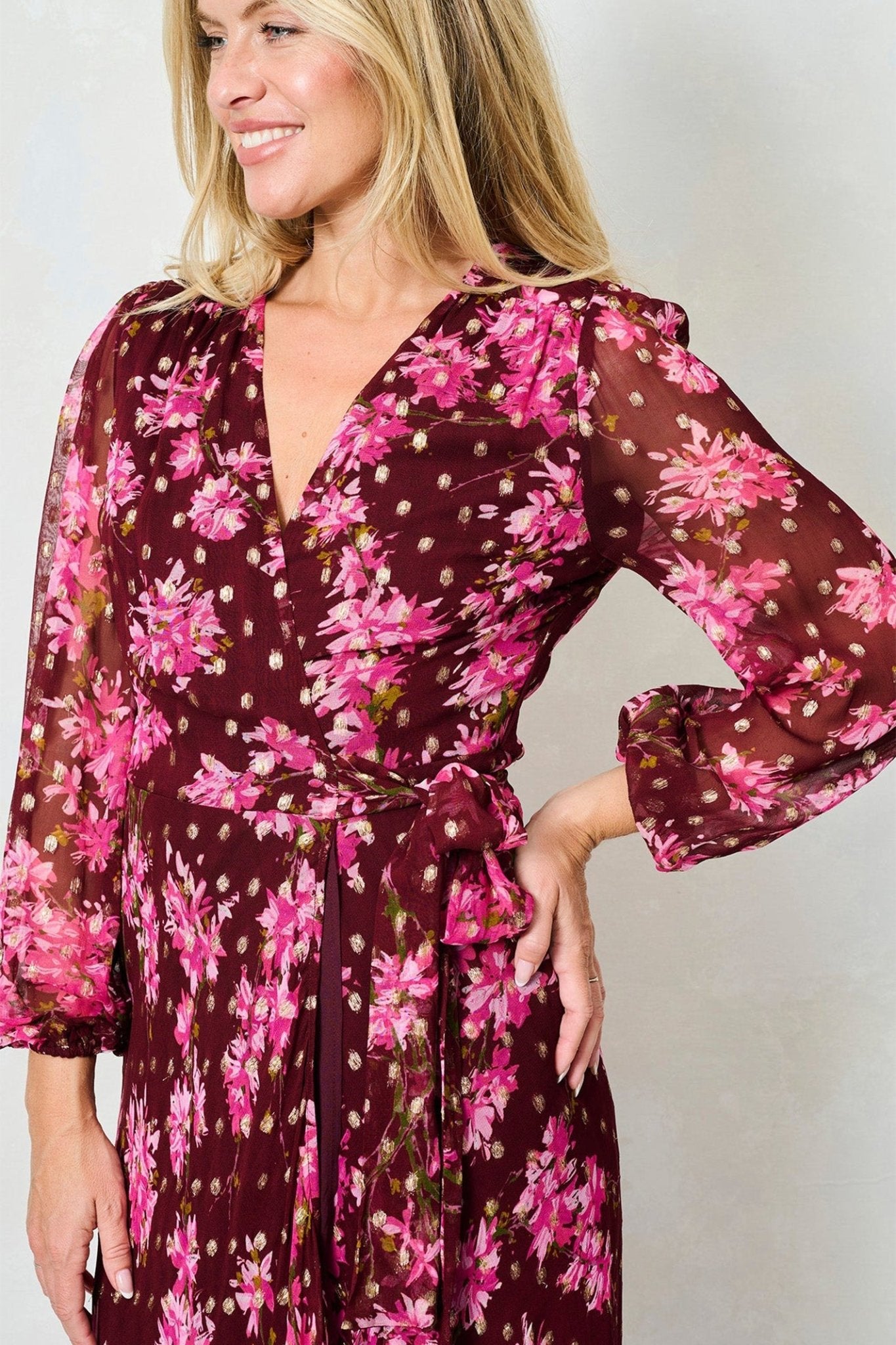 Hope & Ivy Blossom Pink Lurex Spot Maxi Wrap Dress - Dotique - Hope and Ivy