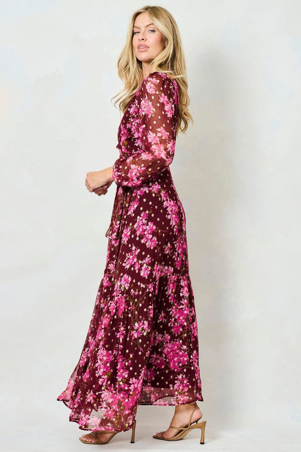 Hope & Ivy Blossom Pink Lurex Spot Maxi Wrap Dress - Dotique - Hope and Ivy