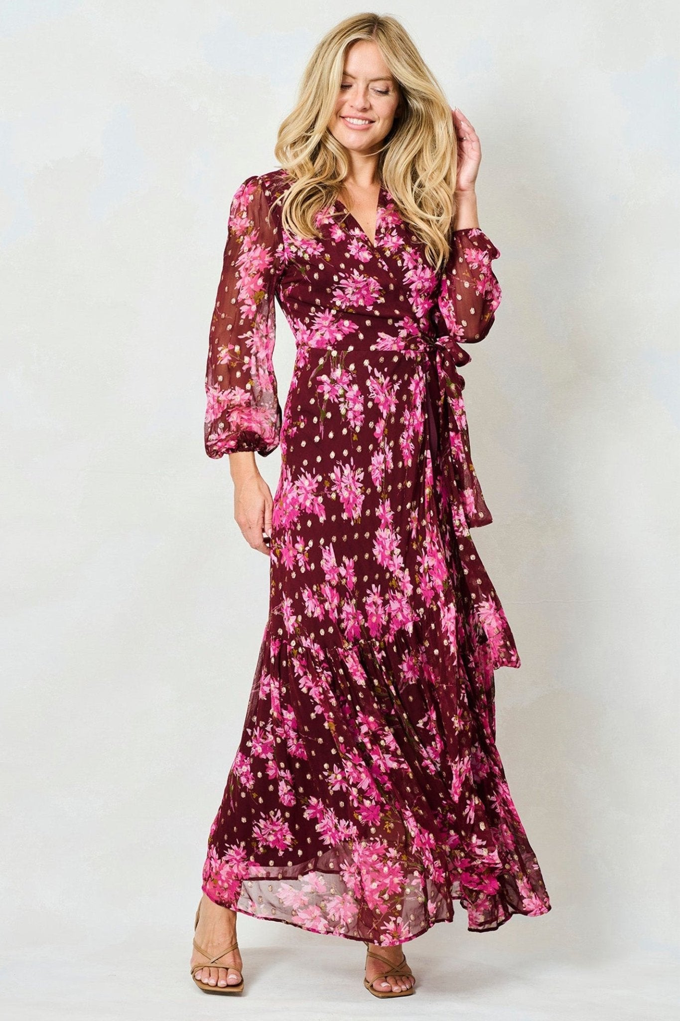 Hope & Ivy Blossom Pink Lurex Spot Maxi Wrap Dress - Dotique - Hope and Ivy