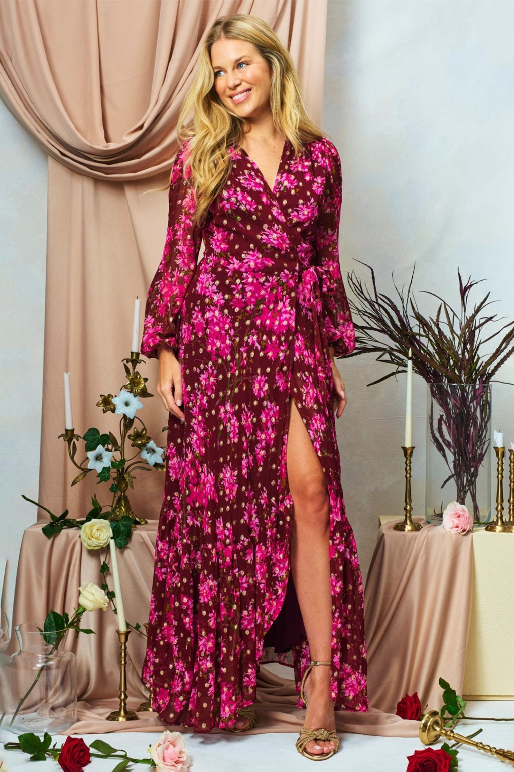 Hope & Ivy Blossom Pink Lurex Spot Maxi Wrap Dress - Dotique - Hope and Ivy