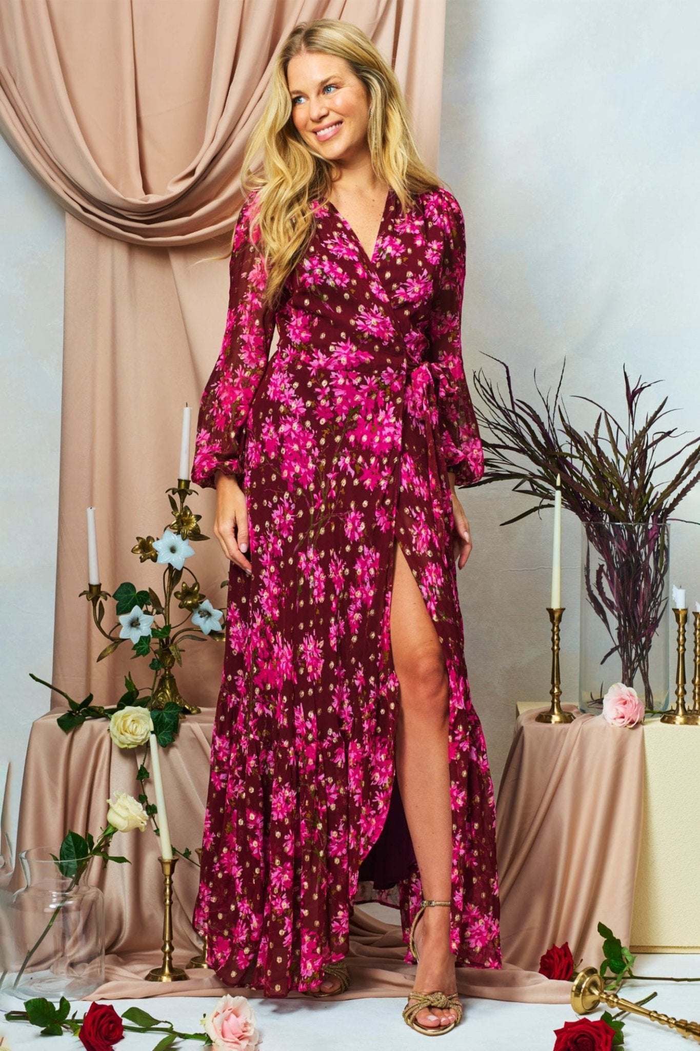 Hope & Ivy Blossom Pink Lurex Spot Maxi Wrap Dress - Dotique - Hope and Ivy